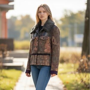 Eva & Claudi multicolored jacket with fur collar gray purple sz M